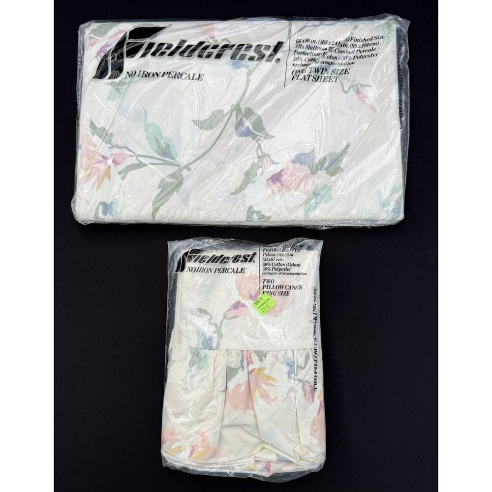 New Vtg 1980’s Fieldcrest Percale Cotton Blend Twin Flat Sheet & Pillowcases NIB